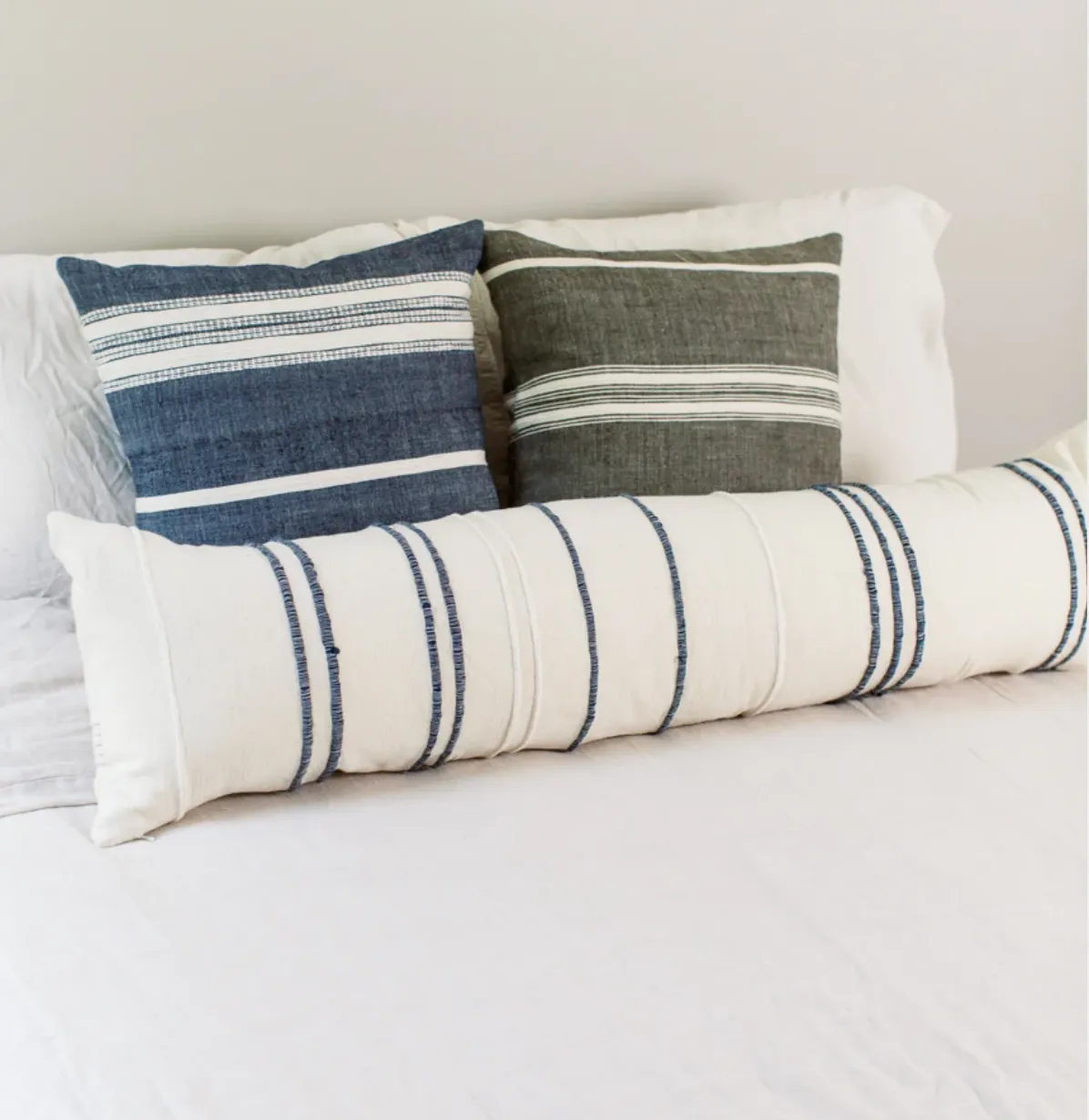 12" x 48" Hand Woven Lumbar Navy Ribbon Stripe Pillow cover, Cotton, Fair Trade