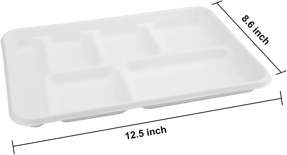 240pcs Sugarcane Bagasse 6-Compartment Lunch Paper Tray Plates 32x22cm Bulk