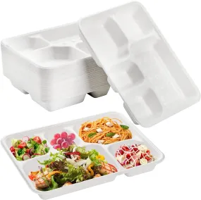 240pcs Sugarcane Bagasse DEEP 5 Compartment Lunch Paper Tray Plates 28x22cm Bulk