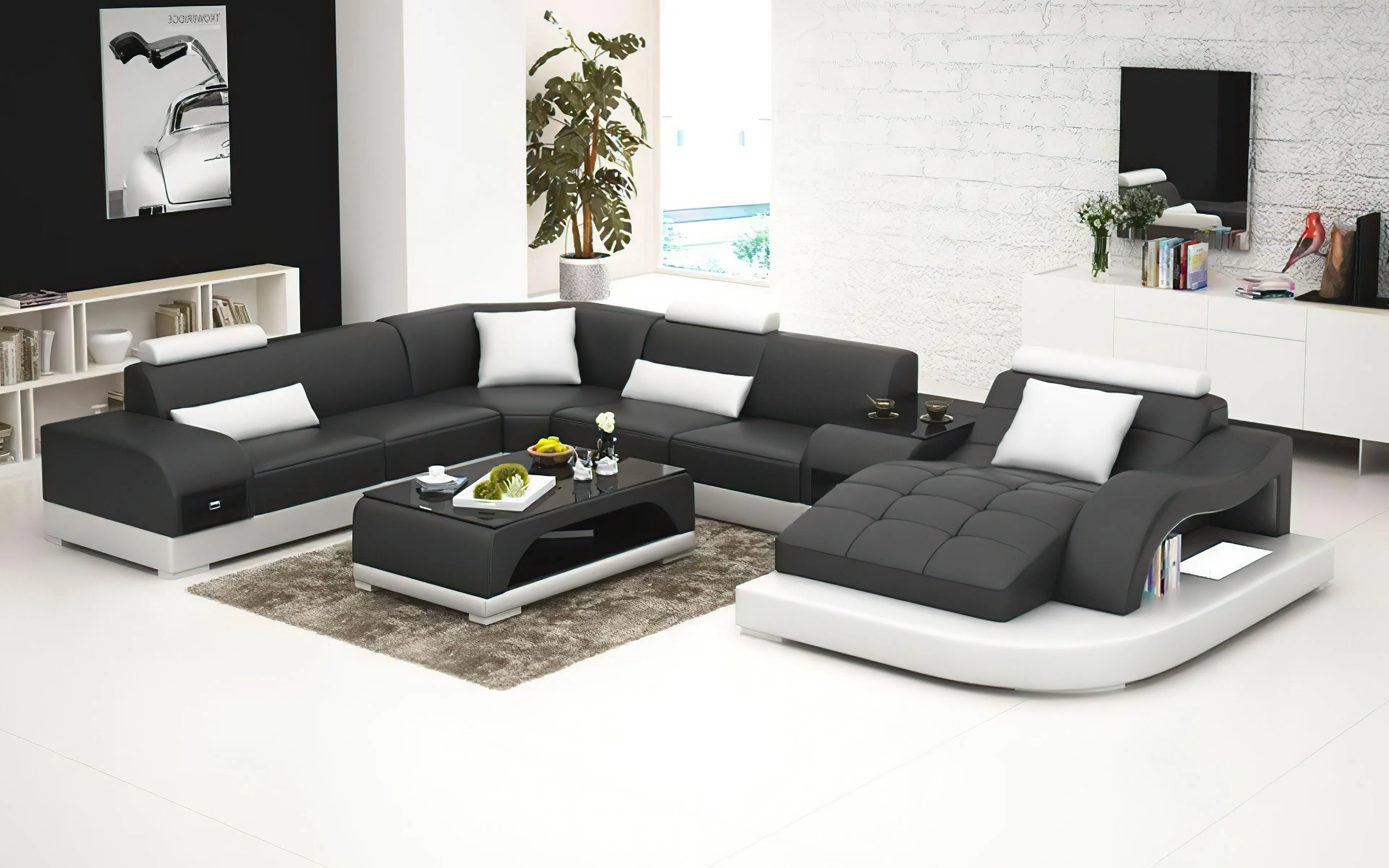 Browns Leather LED Light Sectional with Shape Chaise