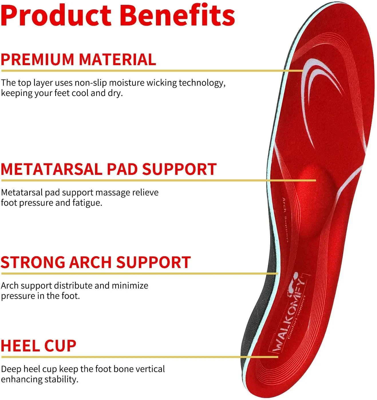 Walkomfy Pain Relief Orthotics | Plantar Fasciitis Arch Support Insoles Shoe Inserts